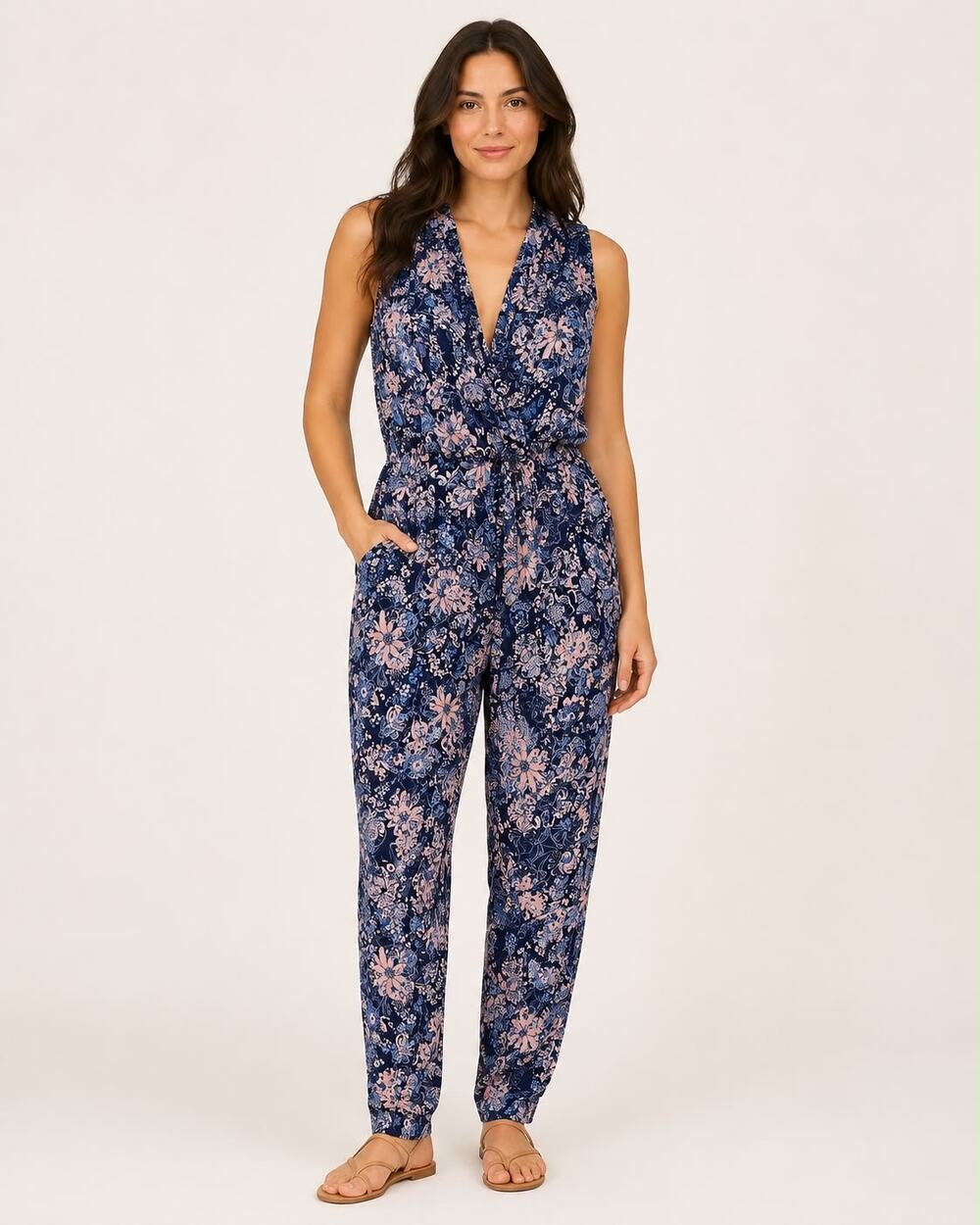 ⁠Rebecca Taylor 100% Silk Floral Jumpsuit Womens 4 Blue Kiku Print Keyhole Back